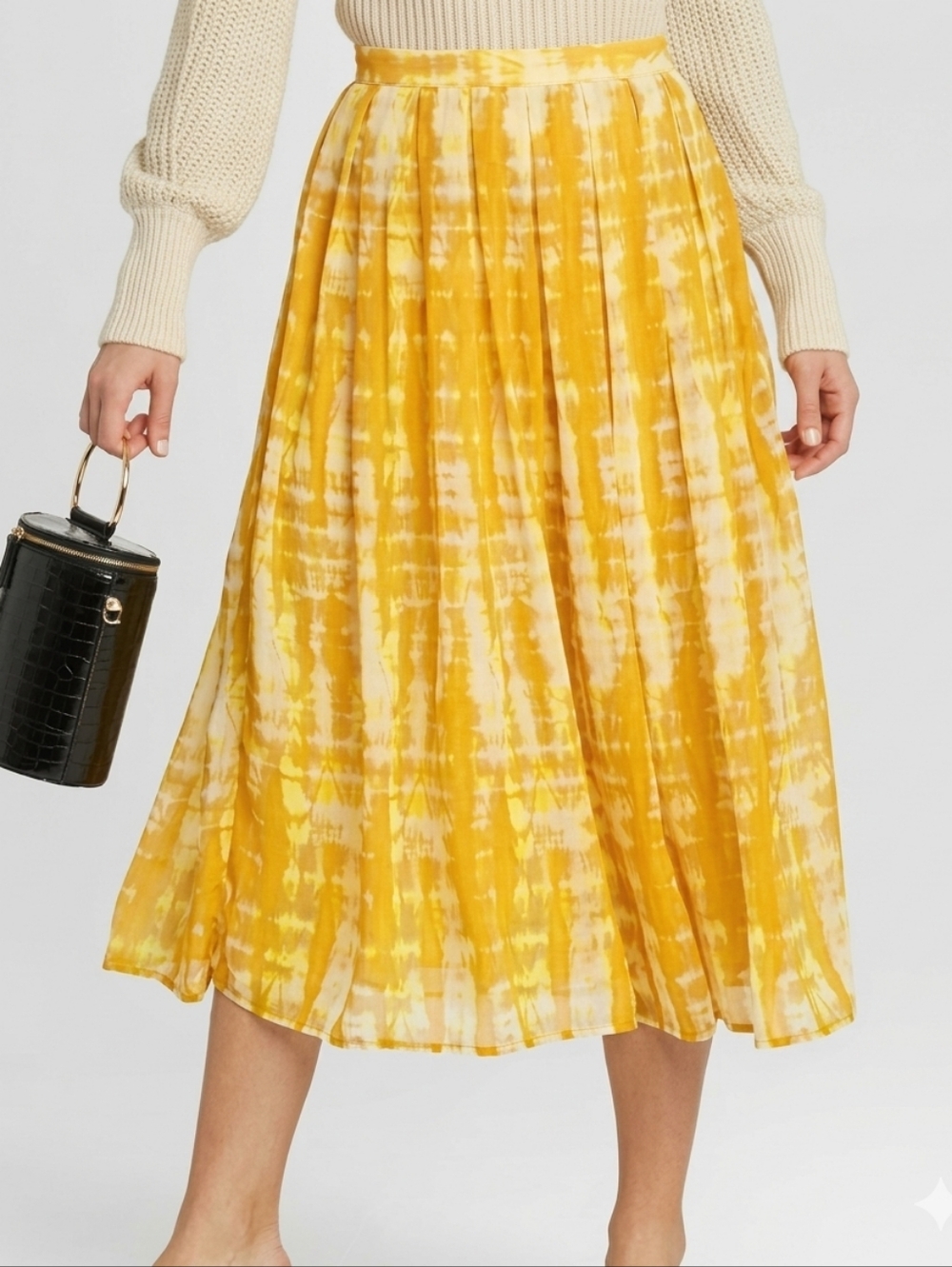 WHO WHAT WEAR Yellow Tie Dye Pleated A-Line Midi Skirt Lightweight Spring Sz 16